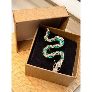 Crystal & Enamel Snake Brooch Pin Jewelry Gold-Tone Green & Clear Stones Gift Bo